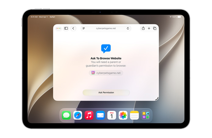 ( IMG ) iPad se zobrazeným rozhraním Požádat o prohlížení webu. Uživatel vidí výzvu k udělení oprávnění a pod ní tlačítko „Vyžádat oprávnění“.