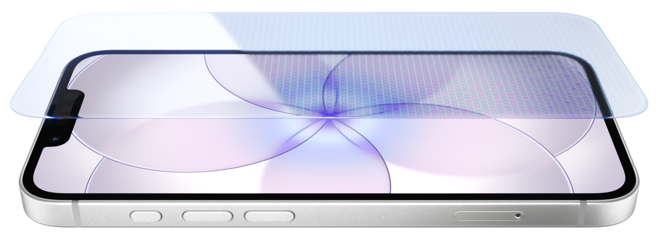 iPhone 17e, přední strana se Ceramic Shieldem 2, pohled z boku, bílá barva, akční tlačítko, tlačítka ovládání hlasitosti