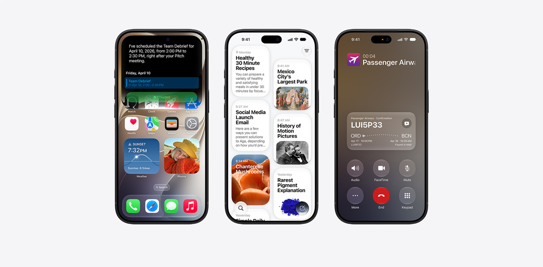 Řada modelů iPhonu 17 a 17 Pro s různým obsahem na displeji jako ukázka funkcí iOS 26 a Apple Intelligence