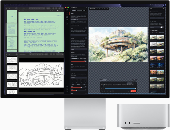 Studio Display XDR, na obrazovce jsou architektonické výkresy v aplikacích Draw Things, Pages a Keynote, Mac Studio, pohled zepředu