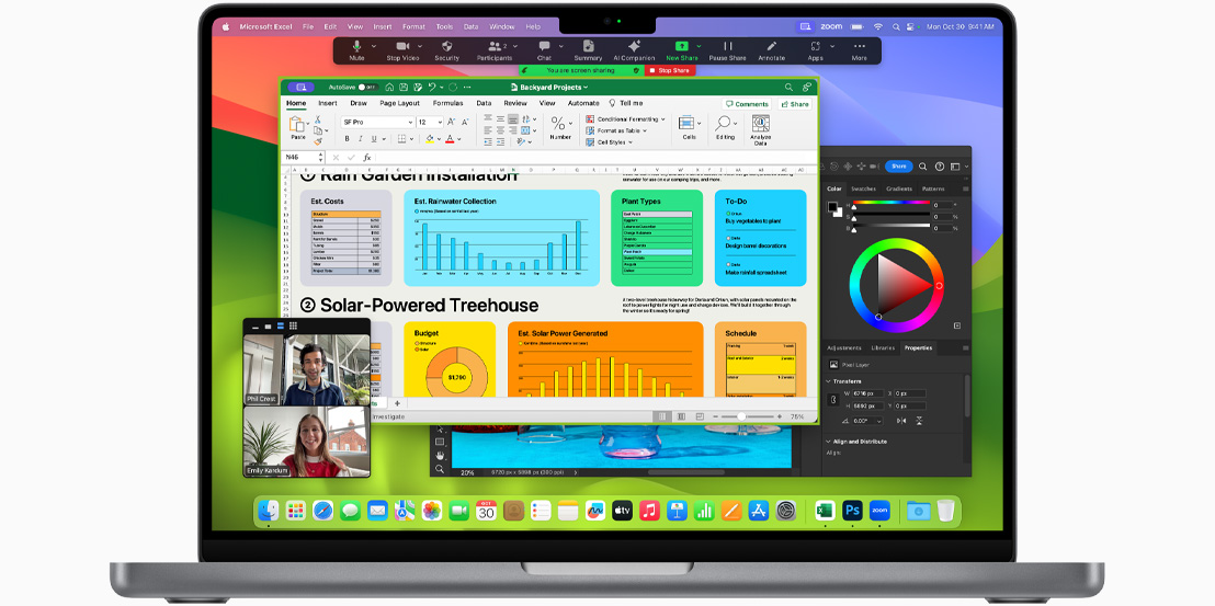 Obrazovka MacBooku Pro s otevřeným FaceTimem, Microsoft Excelem a Adobe Photoshopem.