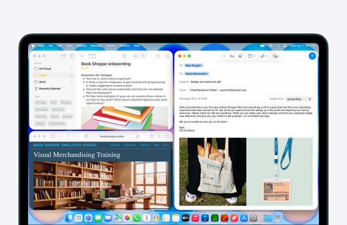 MacBook Neo v barvě indigo, rozepsaný uvítací e‑mail pro nového zaměstnance knihkupectví, ostatní okna uspořádaná do dlaždic zobrazují dokument o náboru v Poznámkách a zaměstnanecký webový portál knihkupectví v Safari