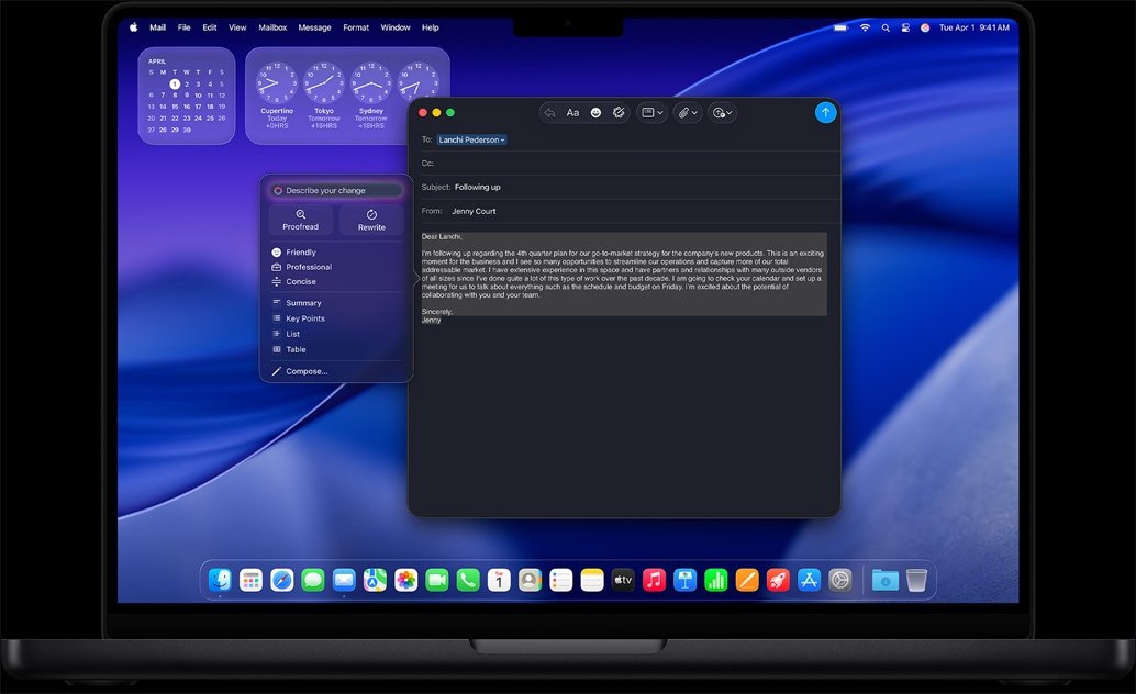 Ukázka použití Psacích nástrojů Apple Intelligence při psaní e‑mailu