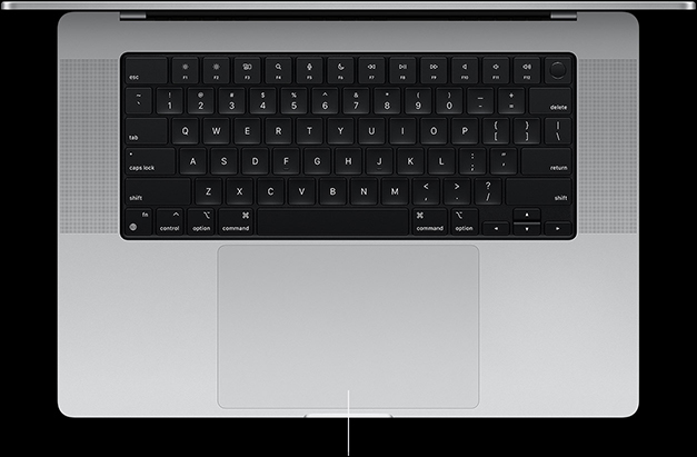 Otevřený stříbrný MacBook Pro s klávesnicí a Force Touch trackpadem