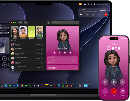 MacBook Pro a iPhone, otevřená aplikace Telefon, na obou obrazovkách se ukazuje stejný kontakt