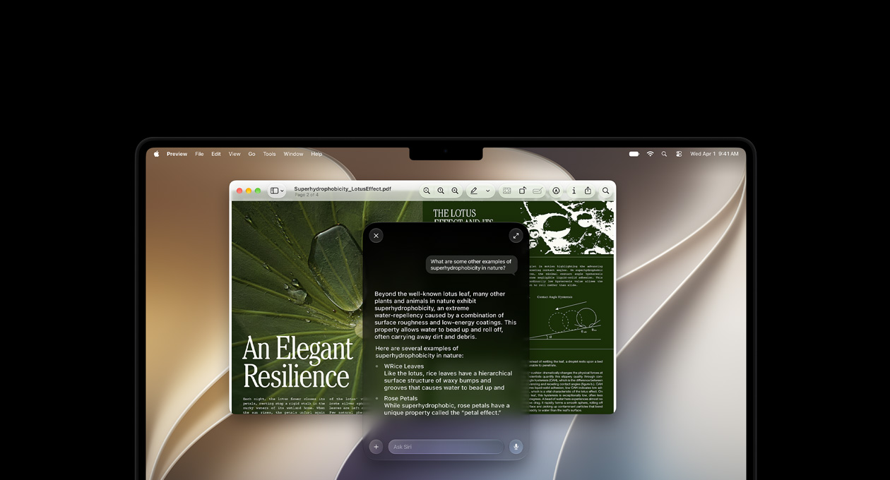 14palcový vesmírně černý MacBook Pro, na obrazovce je článek nazvaný An Elegant Resilience a dotaz na Siri s odpověďmi