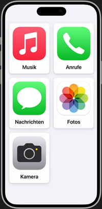 Vereinfachter iPhone Homescreen mit den Apps Musik, Anrufe, Nachrichten, Fotos und Kamera.