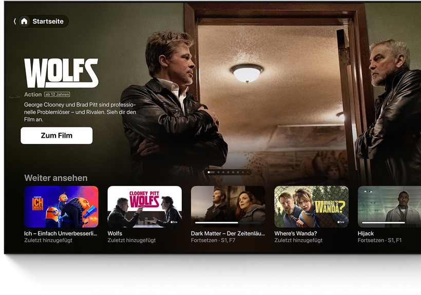 A flatscreen television showing the Apple TV app's homescreen UI