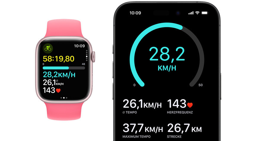 Vorderansicht von einer Apple Watch und einem iPhone. Jemand hat ein Training auf der Watch begonnen und es wird auf dem iPhone angezeigt.