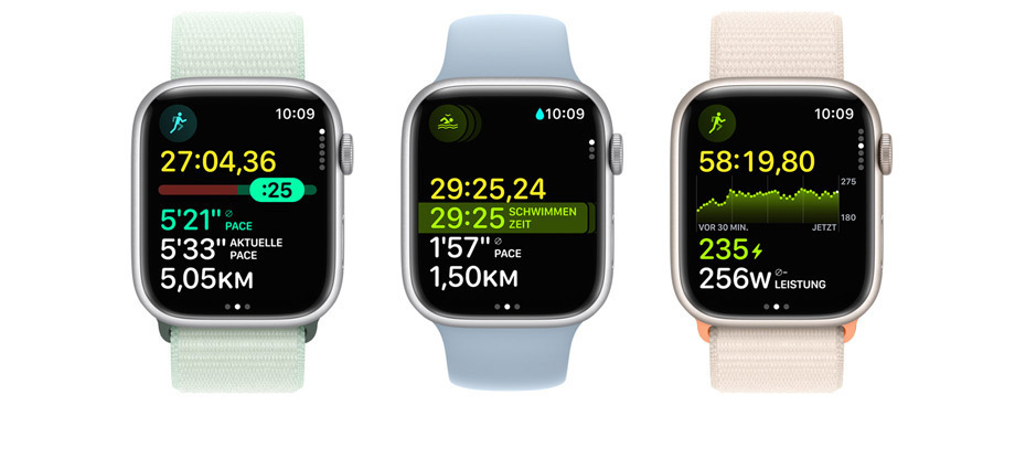 Ein Bild von drei Apple Watch Modellen. Auf jedem werden unterschiedliche Messwerte und Trainingsansichten angezeigt.