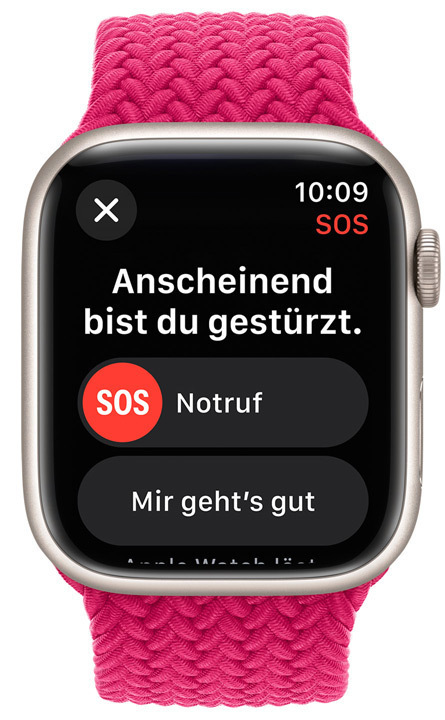 Vorderansicht einer Apple Watch mit aktiviertem SOS Feature.
