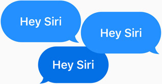 Drei blaue Sprechblasen sagen „Hey Siri“.