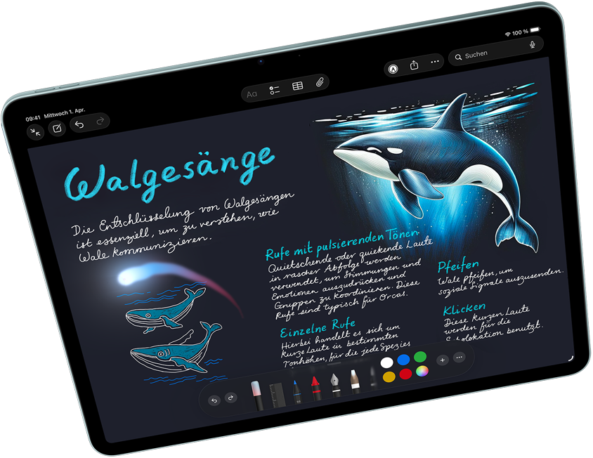 Ein iPad Air im Querformat zeigt Apple Intelligence mit Image Playground und Keynote und ein Apple Pencil Pro