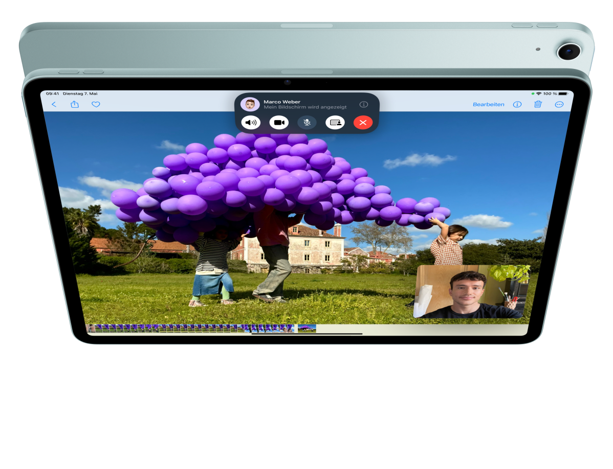 Animation des iPad Air, Vorderansicht, FaceTime und Fotos sind geöffnet, dahinter die Rückseite eines anderen iPad Air