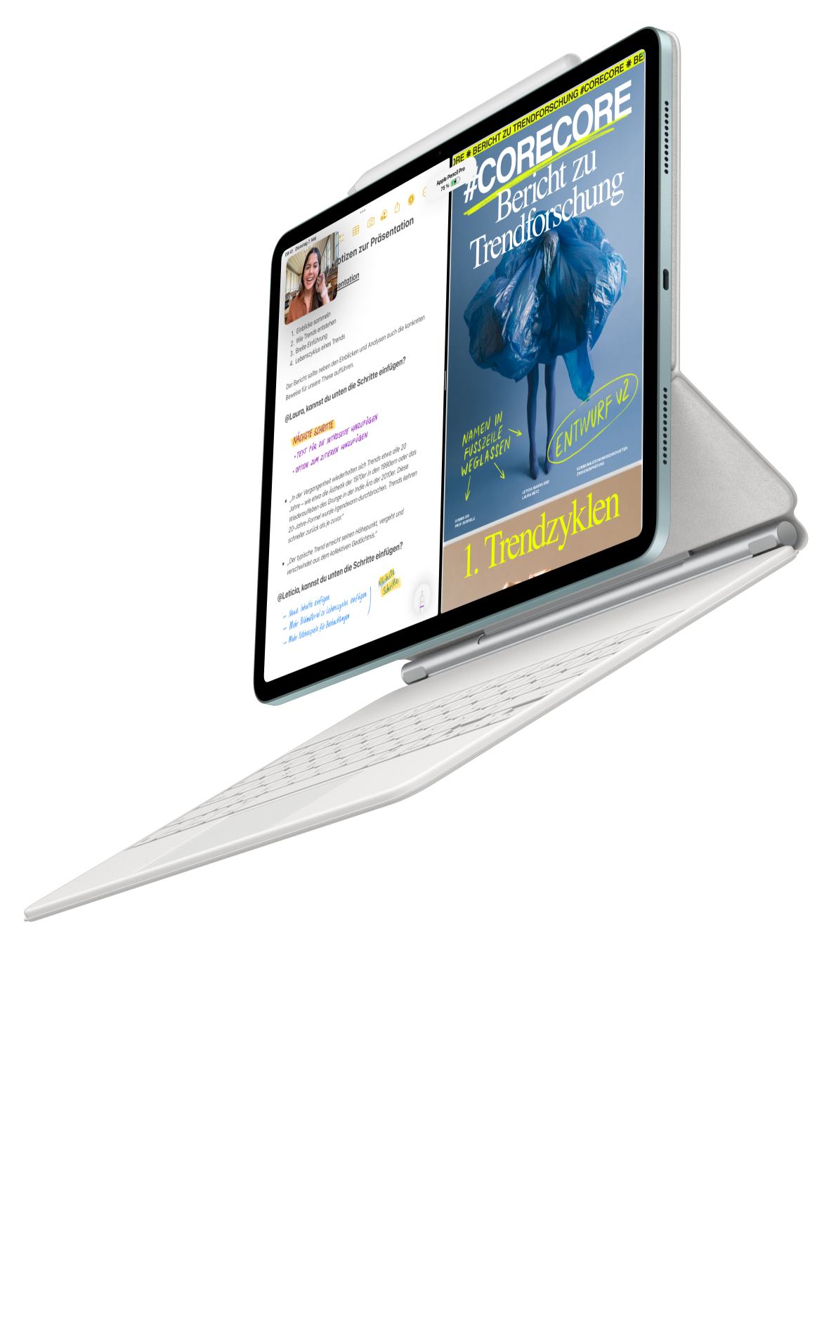 Ein iPad Air verbindet sich mit dem Magic Keyboard und dem Apple Pencil Pro