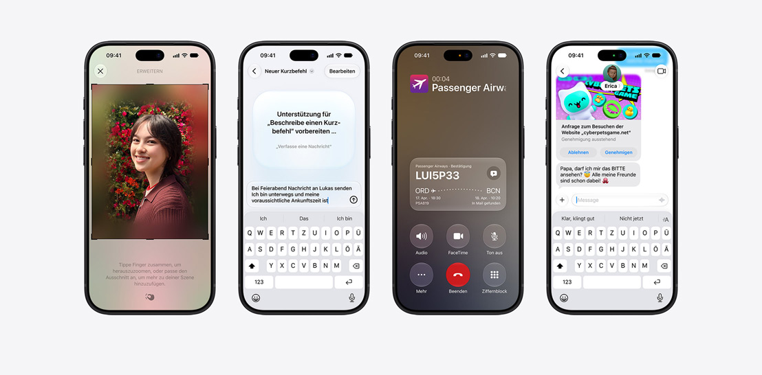 Verschiedene iPhone 17 und 17 Pro Geräte mit jeweils einem anderen Display, das iOS 26 und Apple Intelligence Features zeigt