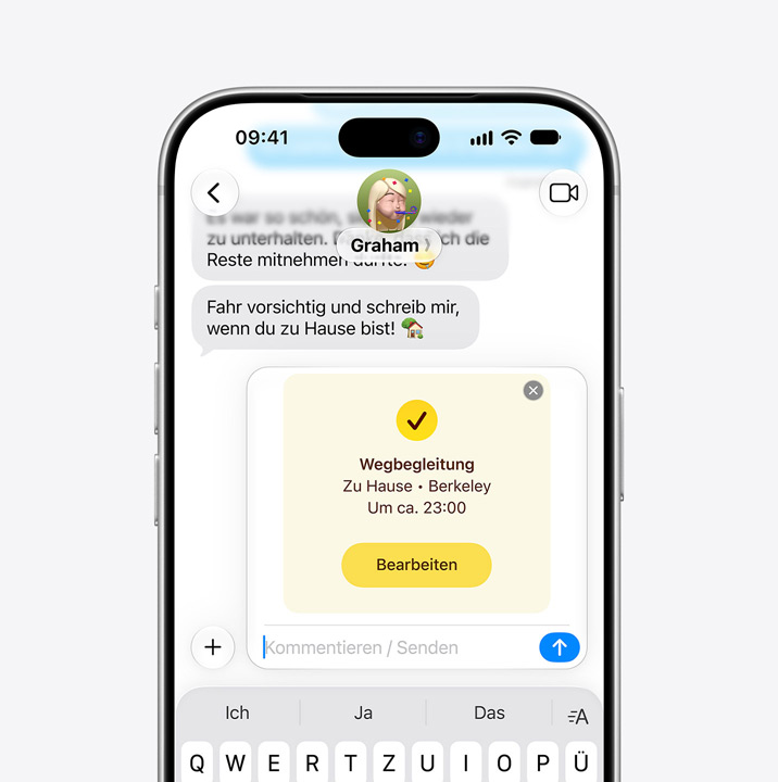 Ein iPhone Display zeigt einen Nachrichten Thread mit dem Wegbegleitung Feature