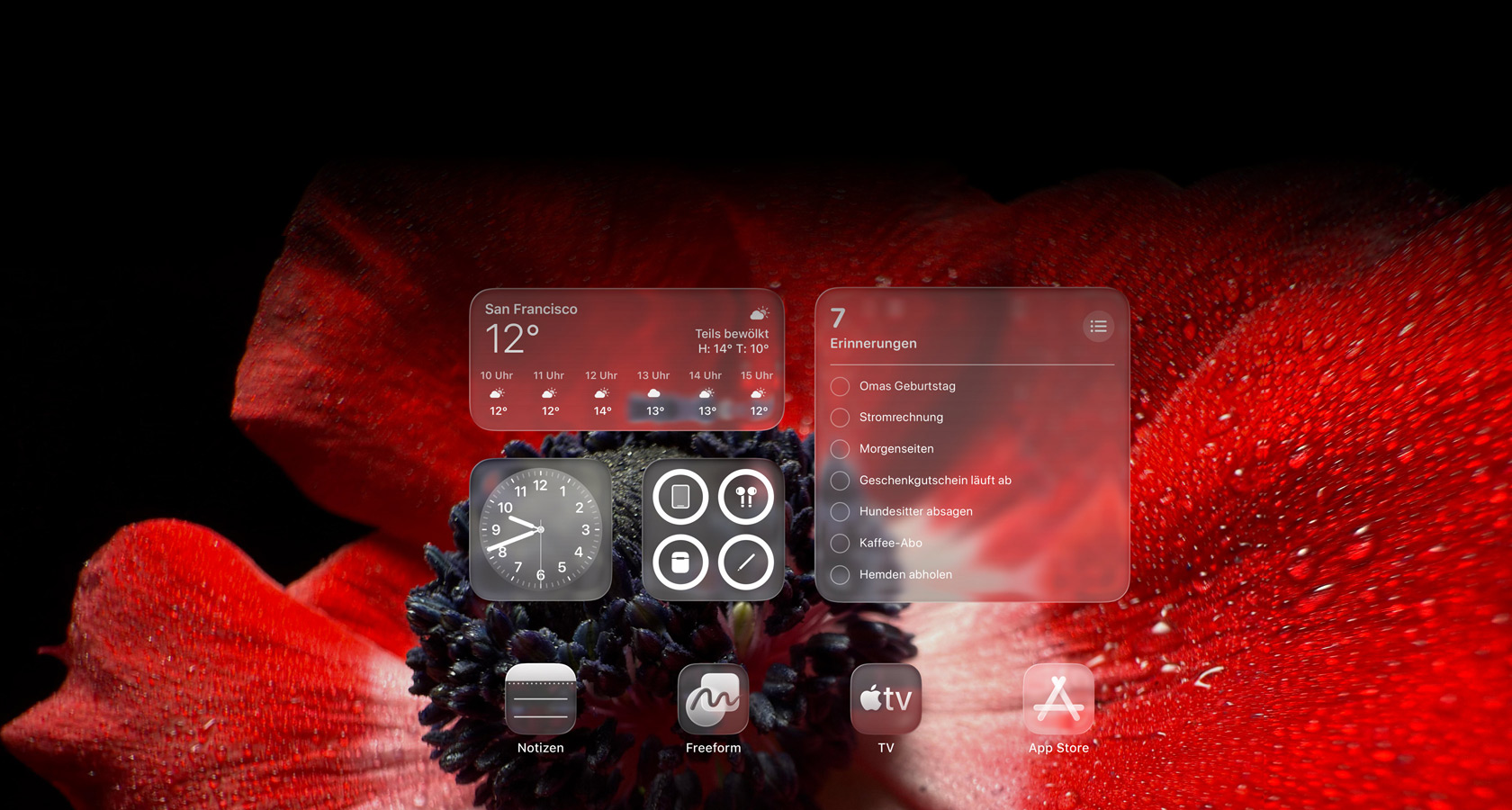 Ein Sperrbildschirm mit App Symbolen für Wetter, Erinnerungen und Uhr aus komplett transluzentem Liquid Glass, Licht brechender Hintergrund