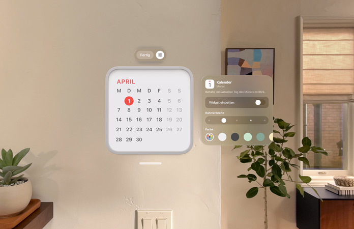 Kalender Widget für 1. April schwebt an der Wand, Widget für Erinnerung darüber, auf der rechten Seite, Optionen für Personalisierung zur Änderung der Rahmendicke und -farbe