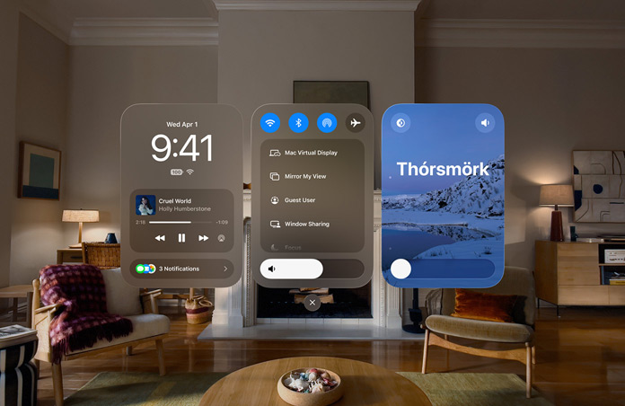 Apple Vision Pro Ansicht mit drei geöffneten Fenstern, von links nach rechts: Datum und Uhrzeit mit Steuerelementen für den Media Player, Steuerelemente für die Konnektivität und Displayeinstellungen