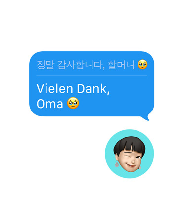 Live Übersetzung in Nachrichten mit der Textnachricht des Benutzers „Vielen Dank, Oma“, die automatisch ins Koreanische übersetzt wurde