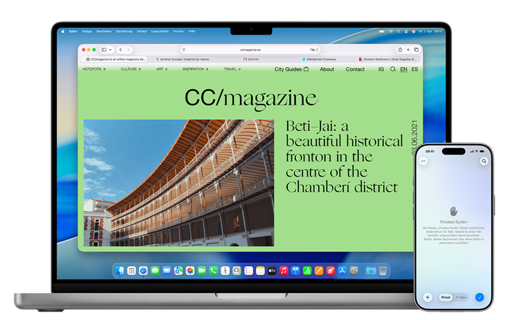 MacBook Pro, geöffnet, Safari Browser, Zeitschriftenartikel, Text: CC/Magazin, Beti Jai: ein wunderschöner historischer Frontón mitten im Stadtteil Chamberi, iPhone 17, Safari Browser, neuer privater Tab