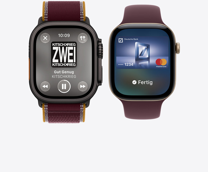 Apple Watch Ultra 4, Titangehäuse, Farbe Schwarz, Apple Music App, Bildschirm „Jetzt läuft“, Trail Loop Armband, Farbe Burgunder; Apple Watch Series 12, Aluminiumgehäuse, Farbe Lichtgold, Apple Pay Display, Apple Card, Sport Loop Armband, Farbe Burgunder