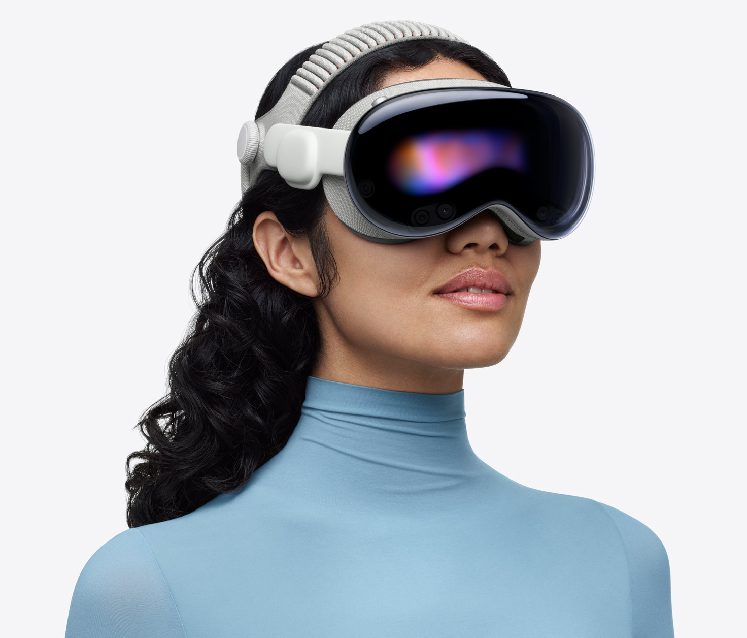 Person wearing Apple Vision Pro, assembled with Dual Knit Band
