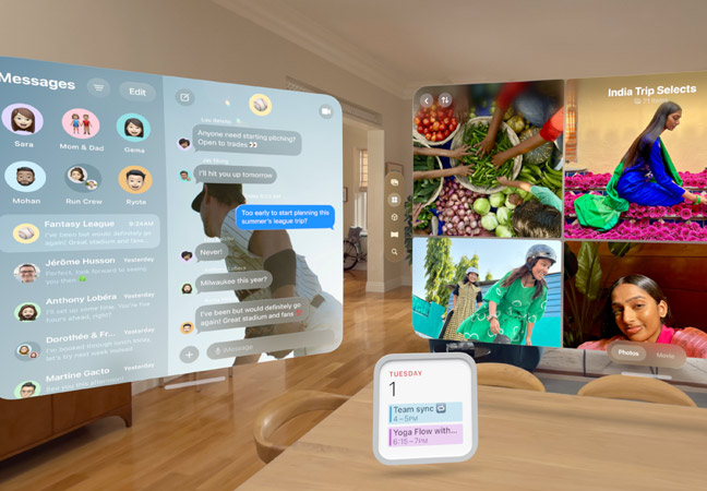 Multiple apps and widgets floating in living room space including Photos app, Messages app, and Calendar widget