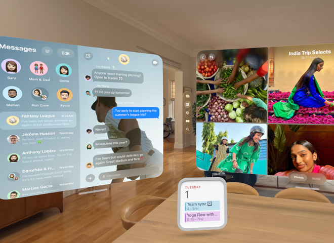 Multiple apps and widgets floating in living room space including Photos app, Messages app, and Calendar widget