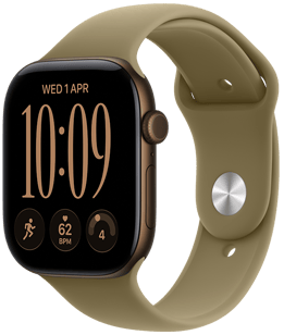 Apple Watch Series 12, alumiiniumkorpus, toonis tume pronks, parema külje vaade, Digital Crown pöördnupp, mikrofon, külgnupp, Sport Bandi rihmaga, toonis oliiv (metsaroheline), tihvtkinnitus (hõbedane tihvt)