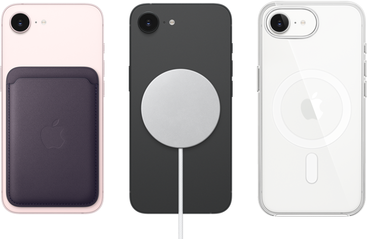 iPhone 17e, tagakülg, õrnroosa, MagSafe FineWoven Wallet, iPhone 17e, tagakülg, must, MagSafe laadijaga ühendatud, iPhone 17e, tagakülg, valge, MagSafe läbipaistev ümbris