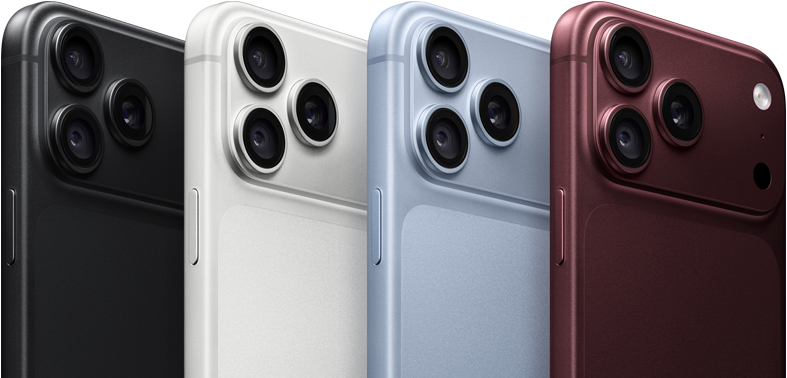 iPhone 18 Pro seadmed reas, tagakülg, kõik neli värvitooni: must, liustik, hõbe, burgundiapunane, Pro Fusion kaamerasüsteem vasakus ülanurgas, 3 objektiivi, mikrofon, välk