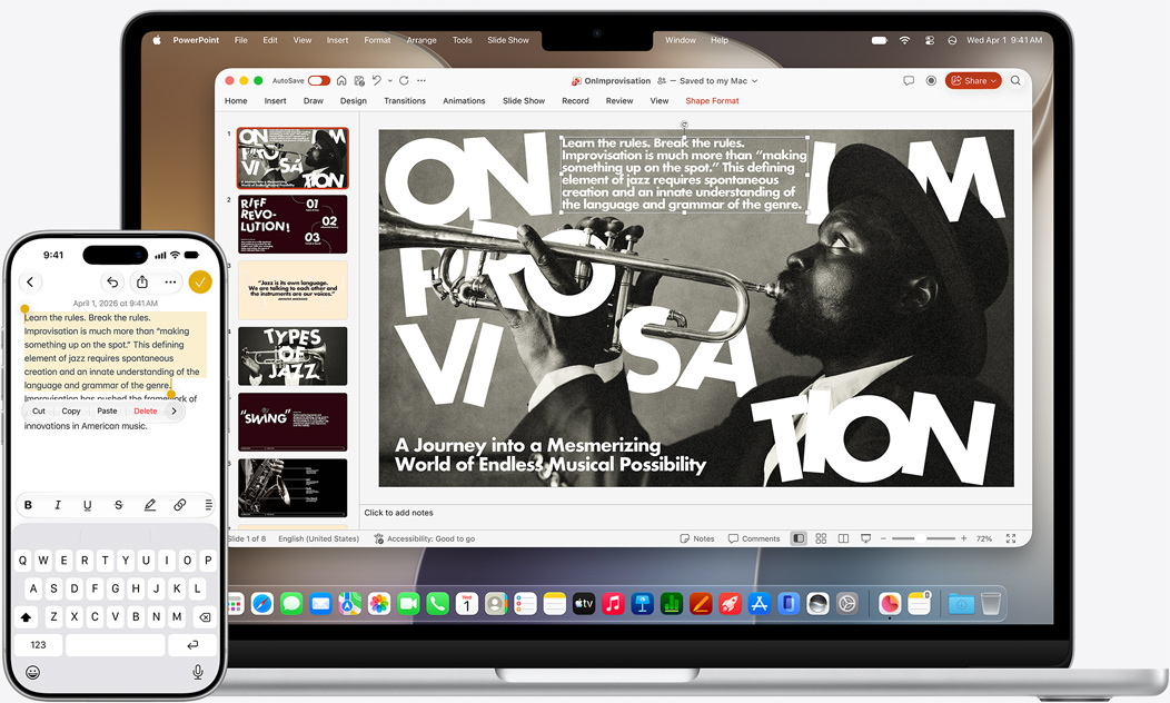 iPhone ja MacBook kõrvuti, nii et MacBookis on näha peegeldamisfunktsioon. Vidinad Calendar ja Notes ekraani ülaosas, rakendused alaosas.