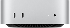 Mac mini, esikülg, kaks Thunderbolt-liidest, olekutuli ja kõrvaklapipesa, alumine koonusekujuline must alus, lame ülaosa, ümarad küljed, sirged servad, hõbedane