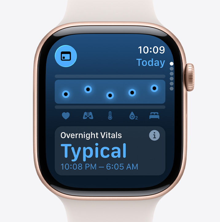 Apple Watch Series 11, alumiiniumkorpus, roosakaskuldne värv, Vitals rakendus, tervise hinnangu graafik, öisete tervisenäitajate teavitus, Sport Band, heleroosakas toon