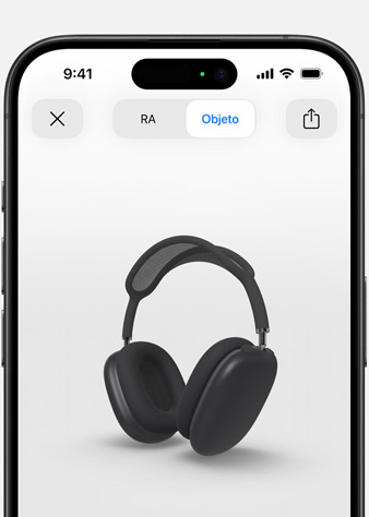 Imagen de un iPhone que muestra en realidad aumentada unos AirPods Max en gris espacial.