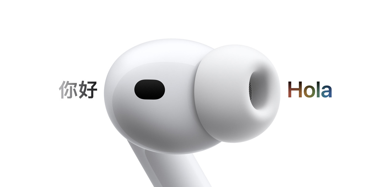 AirPods Pro 3, auricular con almohadilla de silicona, Traducción en Tiempo Real cambia texto en inglés que dice «hello» a texto en español que dice «hola»