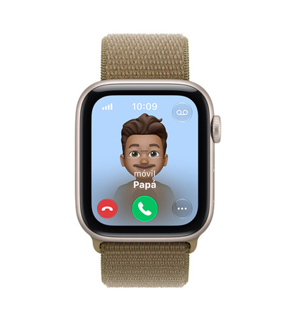Apple Watch SE 3, screen shows incoming call from Dad, aluminum case, starlight color, connected to Sport Loop band, olive color (light brownish-green)