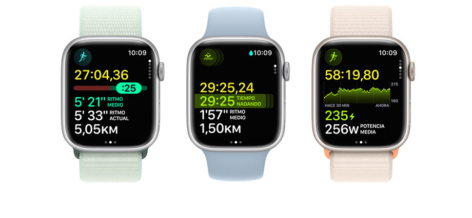 Imagen de tres Apple Watch. Cada uno muestra diferentes métricas y datos de entrenamiento.