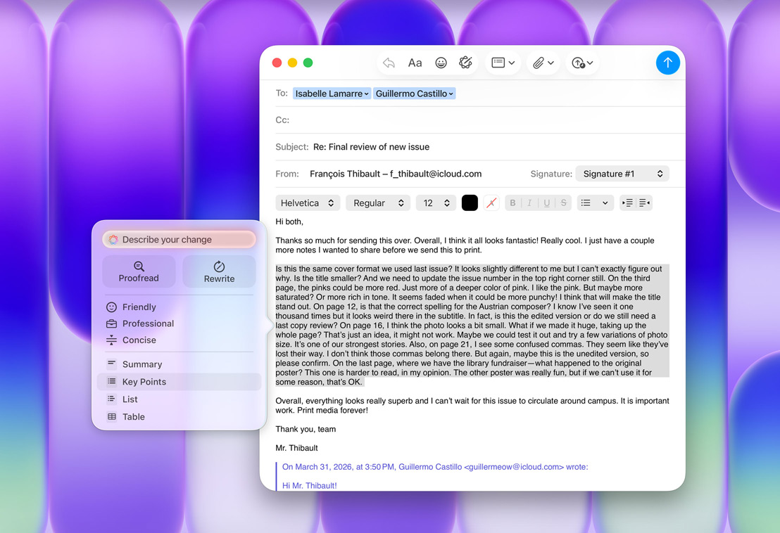 App Mail con el panel Herramientas de Escritura de Apple Intelligence y la opción Puntos Clave resaltada