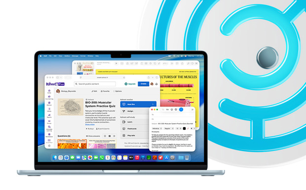 MacBook, azul cielo, portátil abierto, aparece contenido educativo en Keynote, Mail y Safari con Kahoot!, incluyendo la tarea «BIO-200 - Ejercicio sobre el sistema muscular»