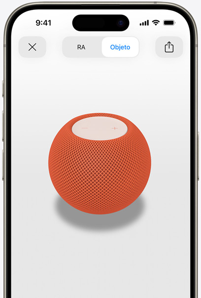 Pantalla de un iPhone que muestra un HomePod mini naranja en realidad aumentada.