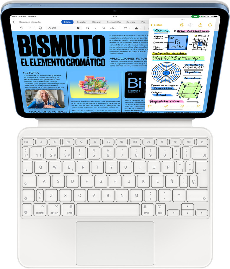 iPad acoplado a un Magic Keyboard Folio que muestra en la pantalla la prestación Slide Over con las apps Microsoft Word y Notas, y una llamada de FaceTime al mismo tiempo.