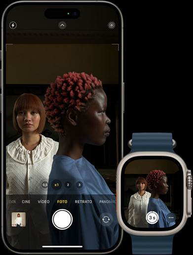 La misma foto de dos mujeres se muestra en el iPhone 15 Pro y en el Apple Watch Ultra