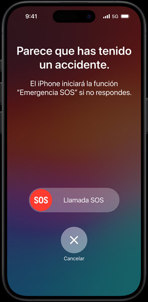 La pantalla de la detección de accidentes con el mensaje «Parece que has tenido un accidente. Si no respondes, el iPhone iniciará la función Emergencia SOS.»