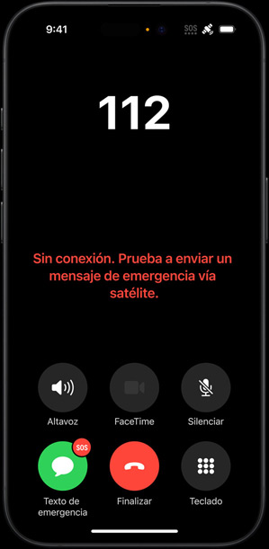 Un iPhone con el mensaje «Sin conexión. Prueba a enviar un mensaje de emergencia vía satélite.»