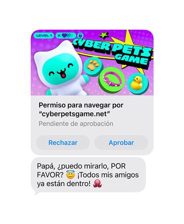 Pantalla que muestra un mensaje de texto con una captura de pantalla de cyberpetsgame.net, los botones Rechazar y Aprobar debajo del gráfico, el texto del mensaje dice: «Papá, ¿puedo echarle un vistazo? Todos mis amigos ya están ahí»
