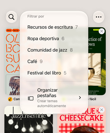 Navegador Safari del iPhone, con el menú Filtrar que muestra categorías como recursos de escritura, ropa deportiva, comunidad de jazz, café y feria del libro, y la opción Organizar Automáticamente seleccionada