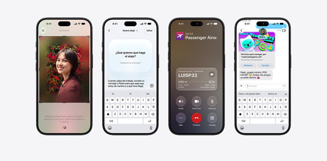 Varios iPhone 17 y iPhone 17 Pro con distintas prestaciones de iOS 26 y Apple Intelligence en pantalla